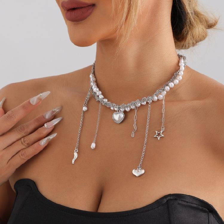Sophisticated Multilevel Heart Charm Pendant with Pearls Accents Necklace Jewelry Accessory for Fashionable Outfits