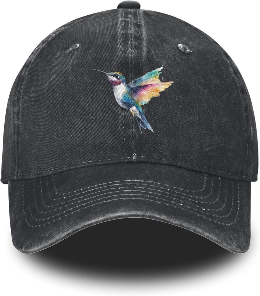 Hummingbird Watercolor Print Distressed Baseball Cap Adjustable Vintage Washed Denim Outdoor Hat Unisex