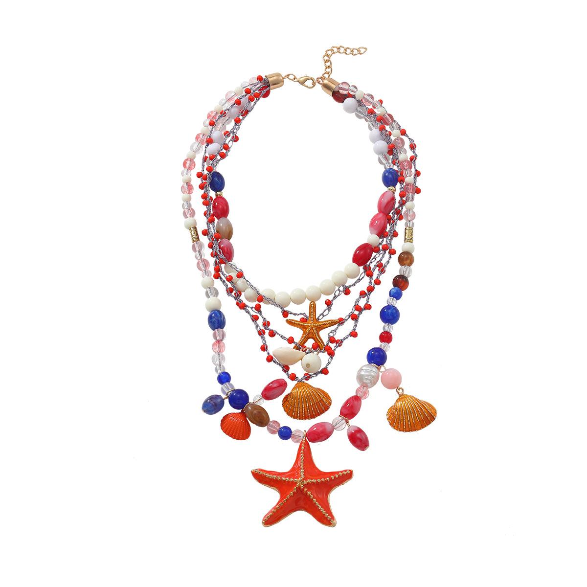 Women s multi-layer handmade woven bead starfish shells, natural ocean wind, layered necklace, summer 20047&20047