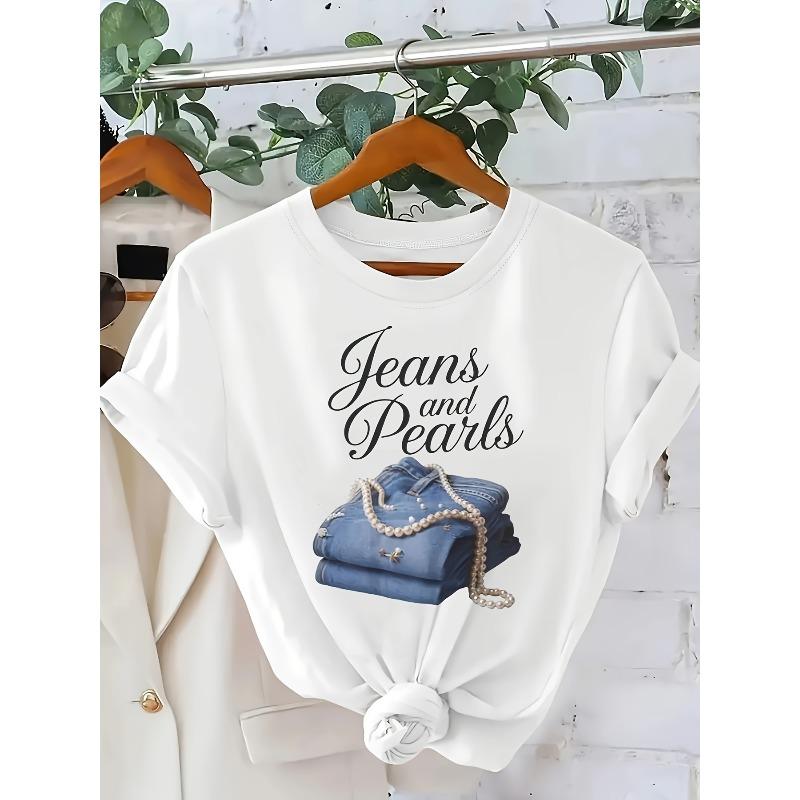 European Size Women's Plus Size Jeans & Pearls Print T-Shirt - Casual Short Sleeve Crew Neck Top