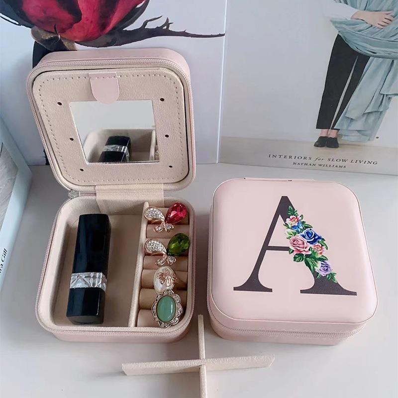 PU Leather Jewelry Box Mirror Storage Box 26 Letter Printed Portable Jewelry Organizer Earring Ring Necklace Case
