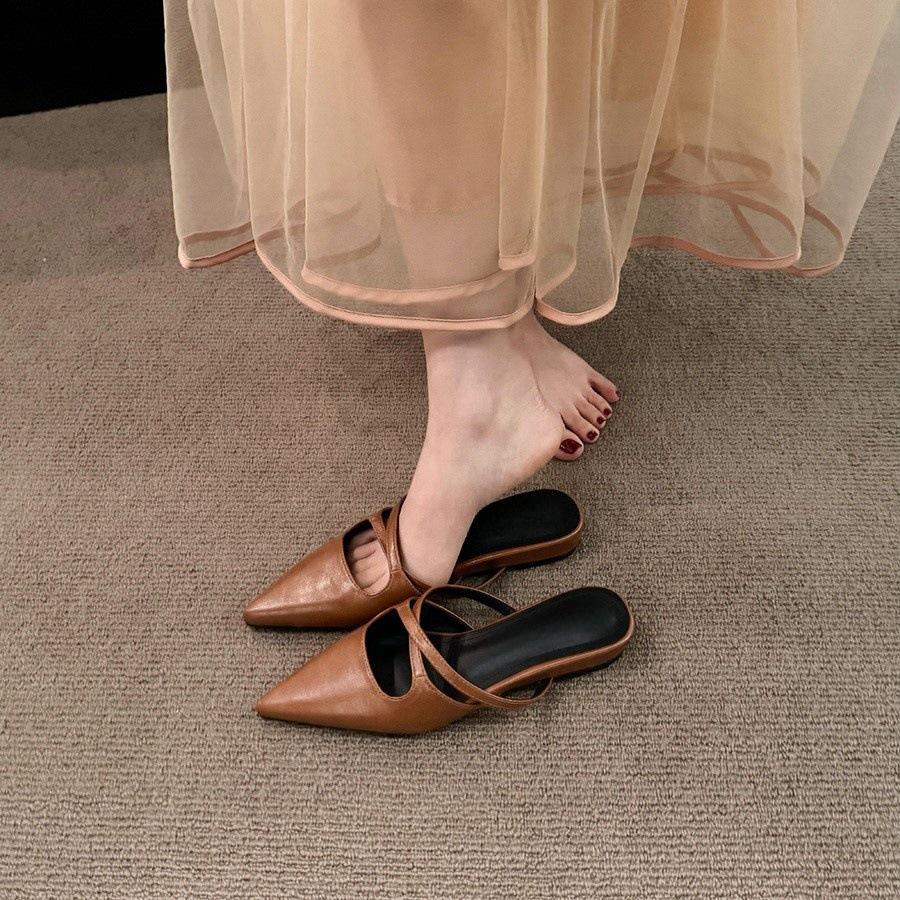 French thick heel temperament bag head half slippers women's shoes wear 2025 new spring and summer pointed retro style single shoes