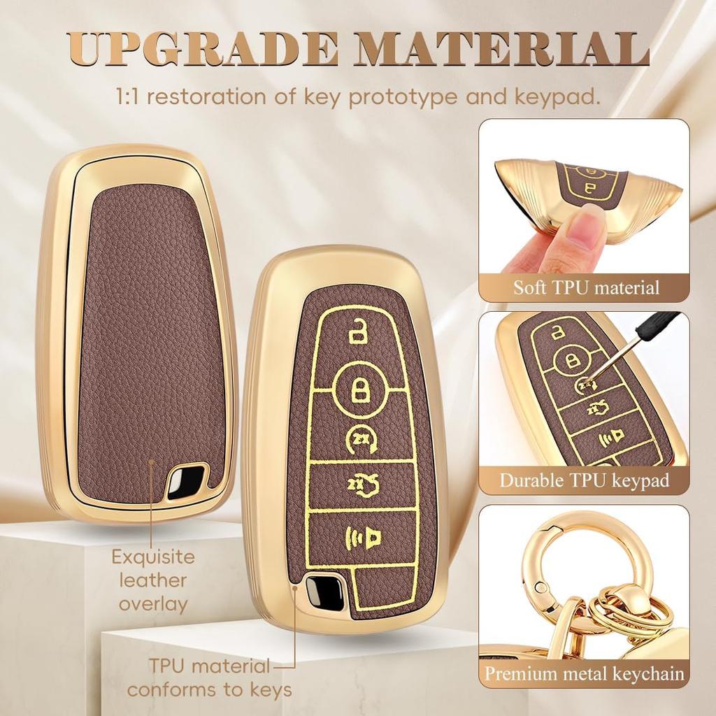 EnerCharge For Ford Key Fob Cover with Keychain, Soft TPU and Leather Key Case Shell Full Protection for Ford Explorer Escape