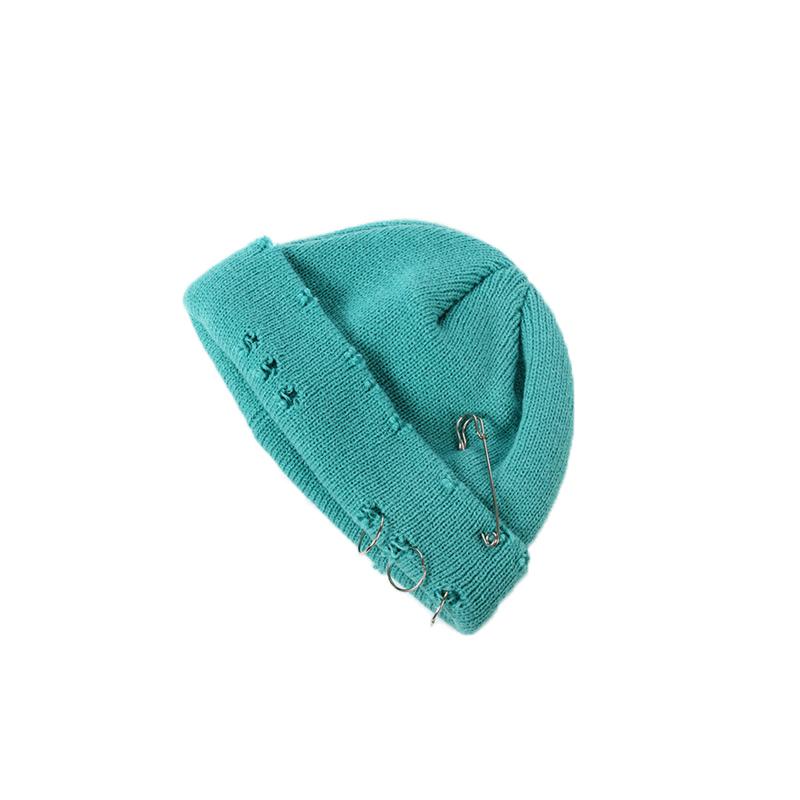 Winter Harajuku Y2K Beanies Knitted Hat Women  Warm Thick Flanging Metal Ring Short Hat Unisex Basic Cap