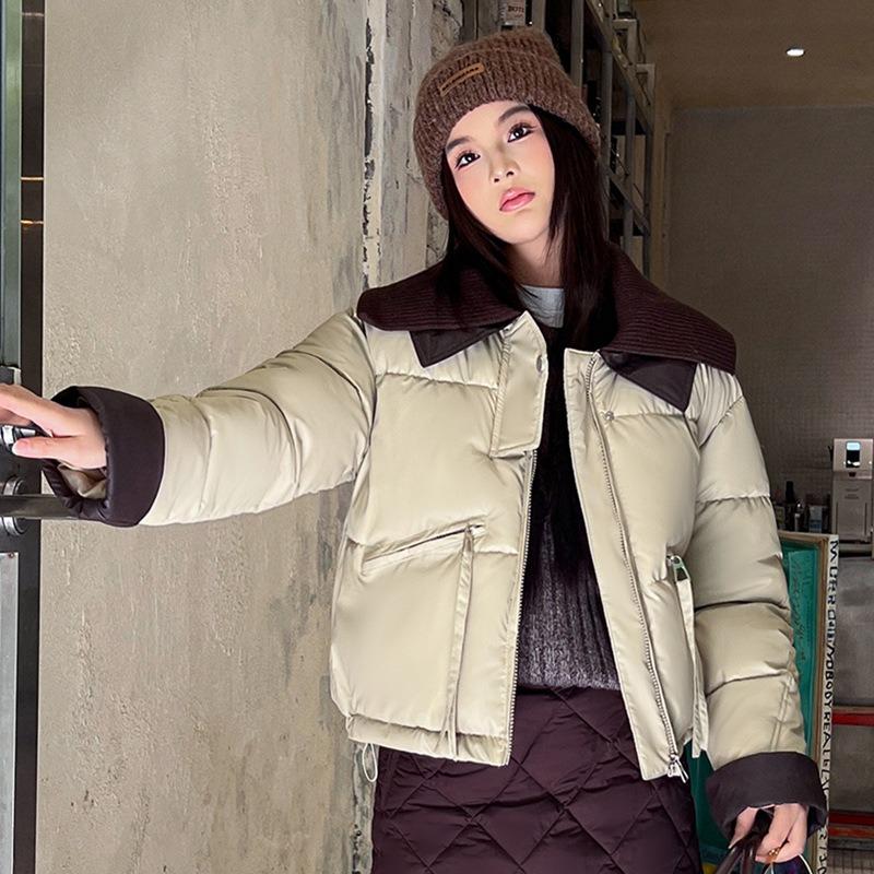 Small pu leather short down cotton-padded clothes women's winter cotton-padded clothes new contrasting color warm cotton-padded jacket