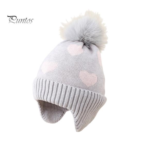 Elastic Ear Protection Cap Kids Winter Knit Hat, Warm Soft Cute Pompom Cozy Gift for Children Heart Pattern, Earflap Hat Boys Girls Toddlers Pom