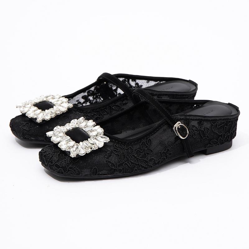 

Fashion Elegant Mesh Embroidery Low Heel Pumps Women Luxury Rhinestone Square Buckle Brand Designer Shoes Comfort Commuting Office Shoes 39 чёрный