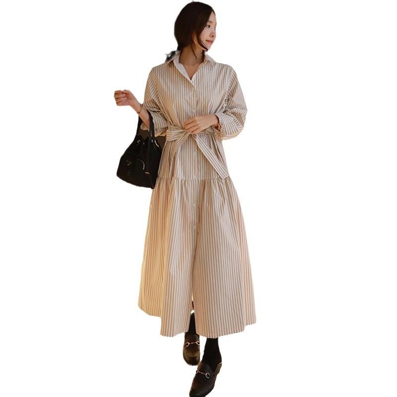 Spring and Summer New Korean Style Over-the-knee Long Striped Shirt Dress Outfit for Women's Loose Large Size Lace-up Versatile Skirt