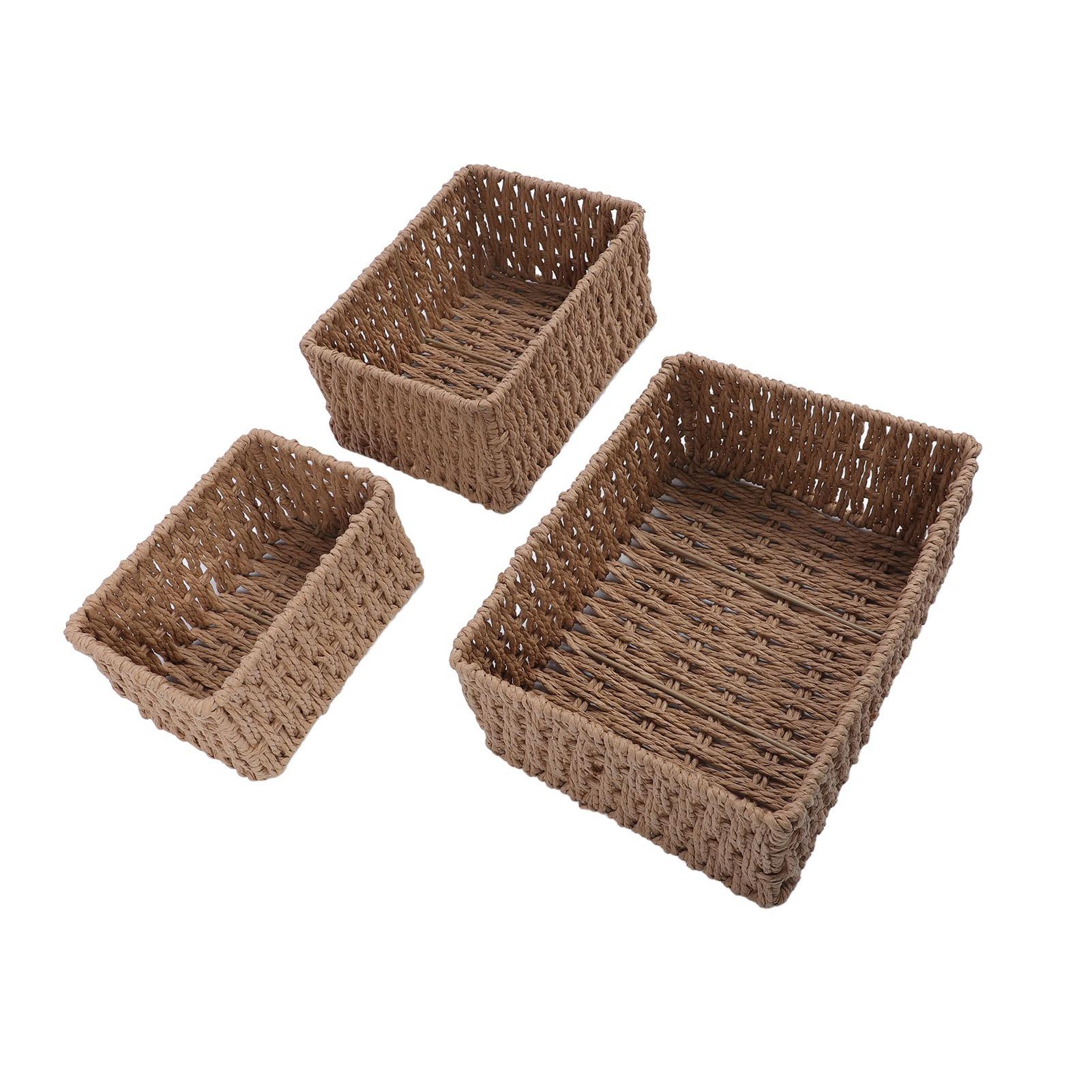 3 pièces   Paniers de Rangement Pour Étagères, Boîtes de Rangement Rectangulaires Décoratives en Rotin Tissé à la Main Pour Garde-manger, Salle de Bain, Cuisine, Salon