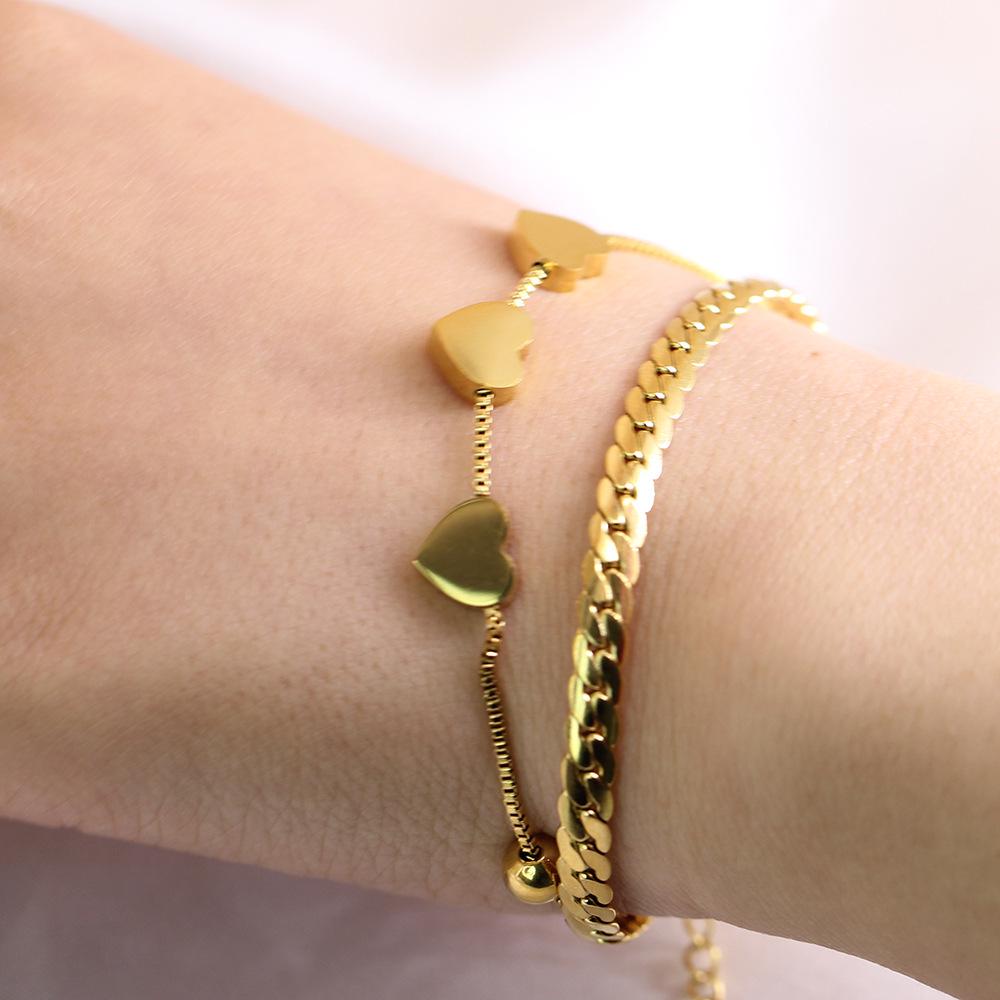8MM Smooth Surface Heart 18K Gold Stainless Steel Double Layer Bracelet, Laser Engravable