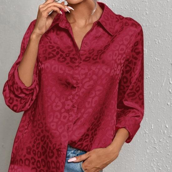 QICED Women's Spring Summer Lapel Open Button Leopard Print Jacquard Shirt Temperament Commuter Long Sleeve Shirt