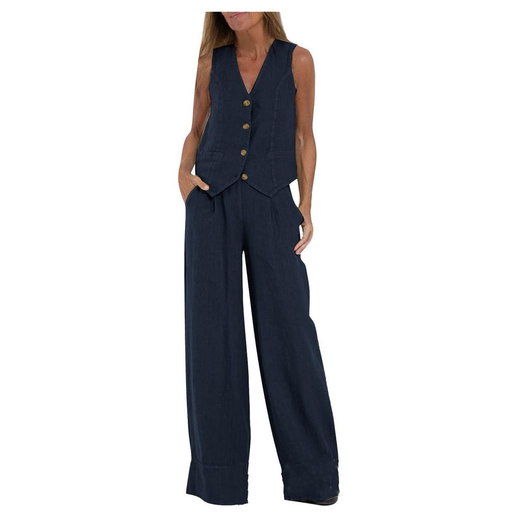 Completo in Lino da Donna - Completo 2 Pezzi Camicia Bottoni Scollo a V Senza Maniche Pantaloni Vita Alta Gamba Larga Set Coordinato