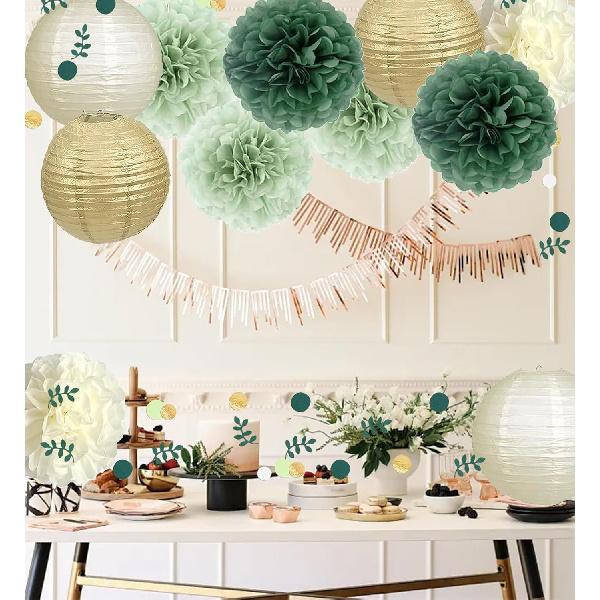 Mint Sage Green Party Decorations - Hanging Decors for Baby Bridal Wedding Shower Birthday Background with Paper Lanterns and Tissue Pom poms Gold