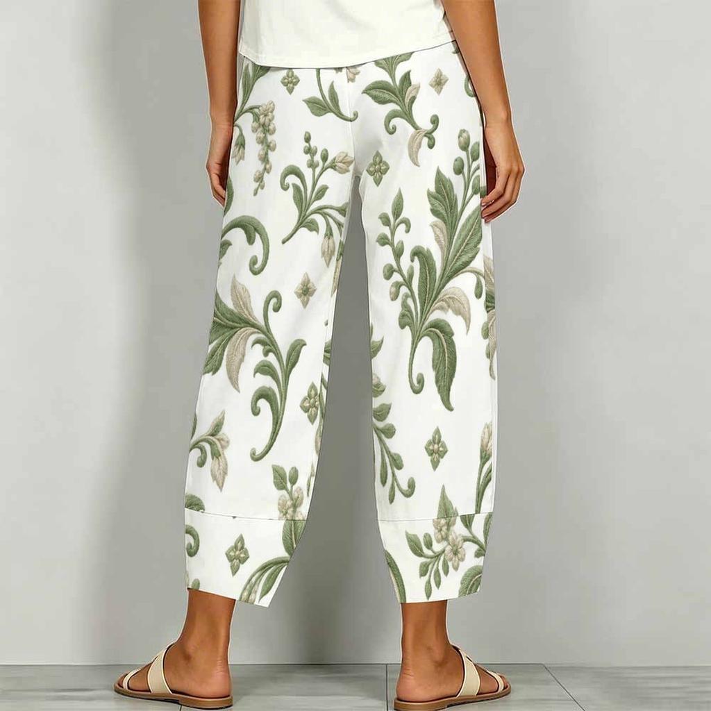 Women Plus Size White Green Floral Printed Loose Cropped Pants Cross Hem With Pockets