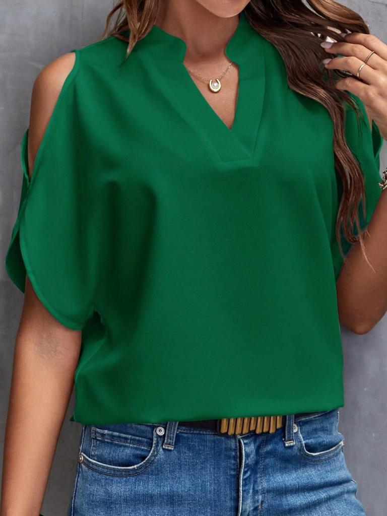 2024 European American Women's Summer Solid V-Neck Off-Shoulder Fashion Top