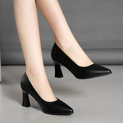 Soft Leather Thick-heeled Pointed High Heels Fashion Mother Shoes Spring and Autumn Breathable Shallow Mouth Single Shoes Women's Work Shoes