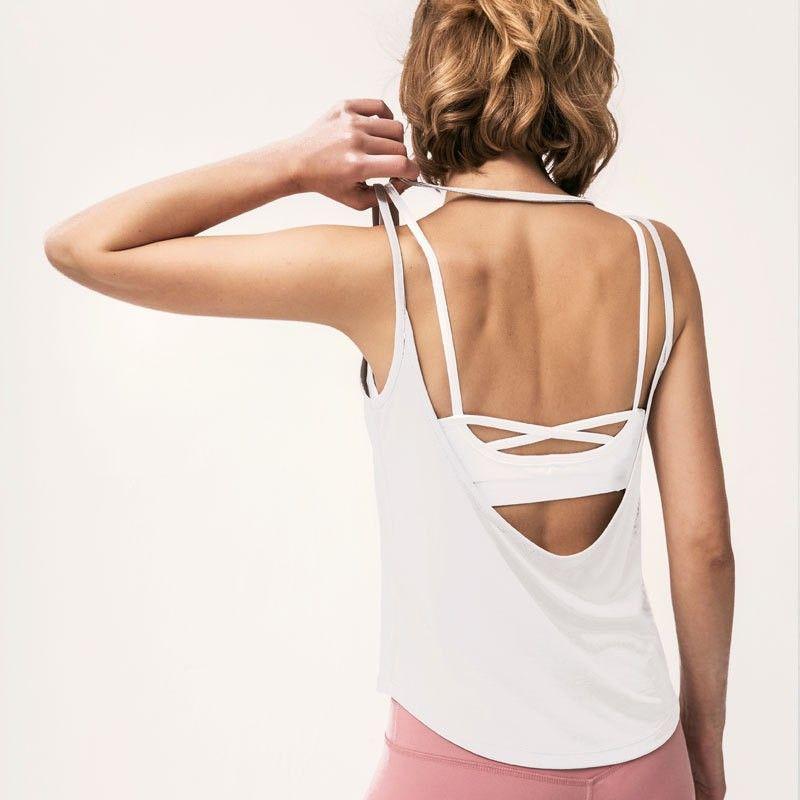 

Yoga Clothes Blouse Women with Chest Pad Two-Piece Set Sexy Beauty Back Sports Vest Blouse Minimalist Loose Workout Top White(Without chest pad) L