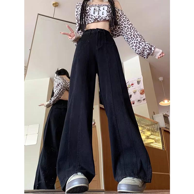 Women's Plus Size Black A-line Wide-Leg Jeans - Autumn/Winter Slimming Loose Fit for Pear-Shaped Figures