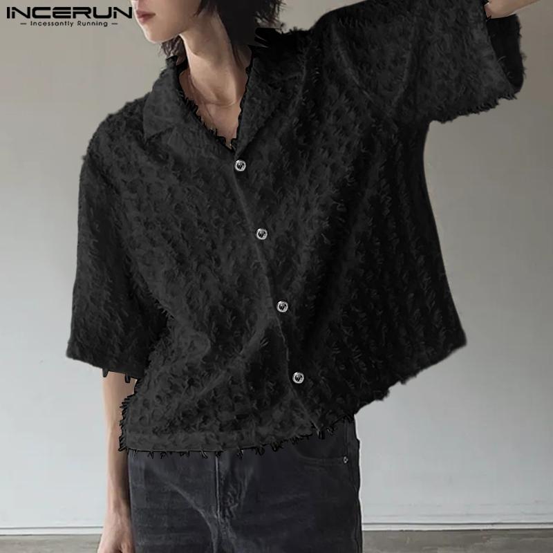INCERUN Oversized Men Casual Lapel Neck Short Sleeve Tassel See Through Loose Shirts