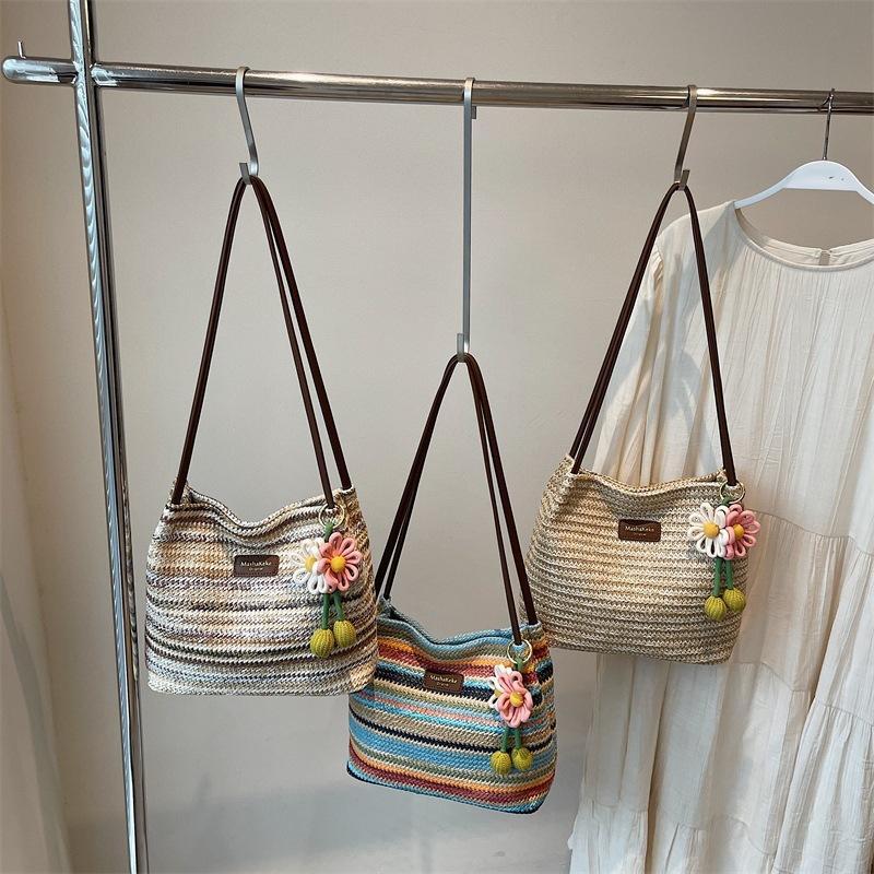 Fashionable Woven Straw Women'S Shoulder Bag Large Capacity Tote Bag Summer Holiday Style Polyester Material Bag