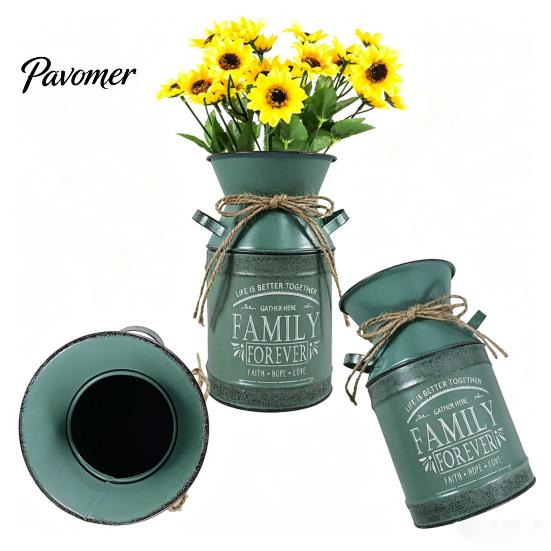 American Pastoral Style Decor Vintage Metal Milk Can Vase, Farmhouse Iron Flower Bucket with Handles & Jute Handmade Hemp Rope Ornament Bow,