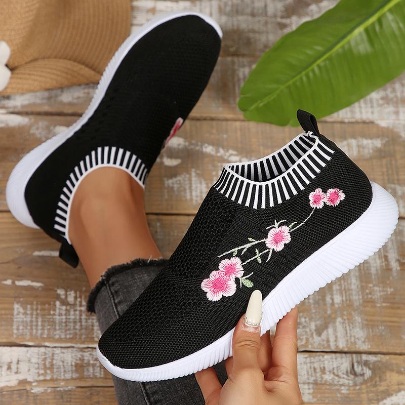 Fashion Floral Embroidered Breathable Running Shoes for Women Lightweight Soft Sole Knitting Sneakers Woman Comfort Flats Sports Shoes