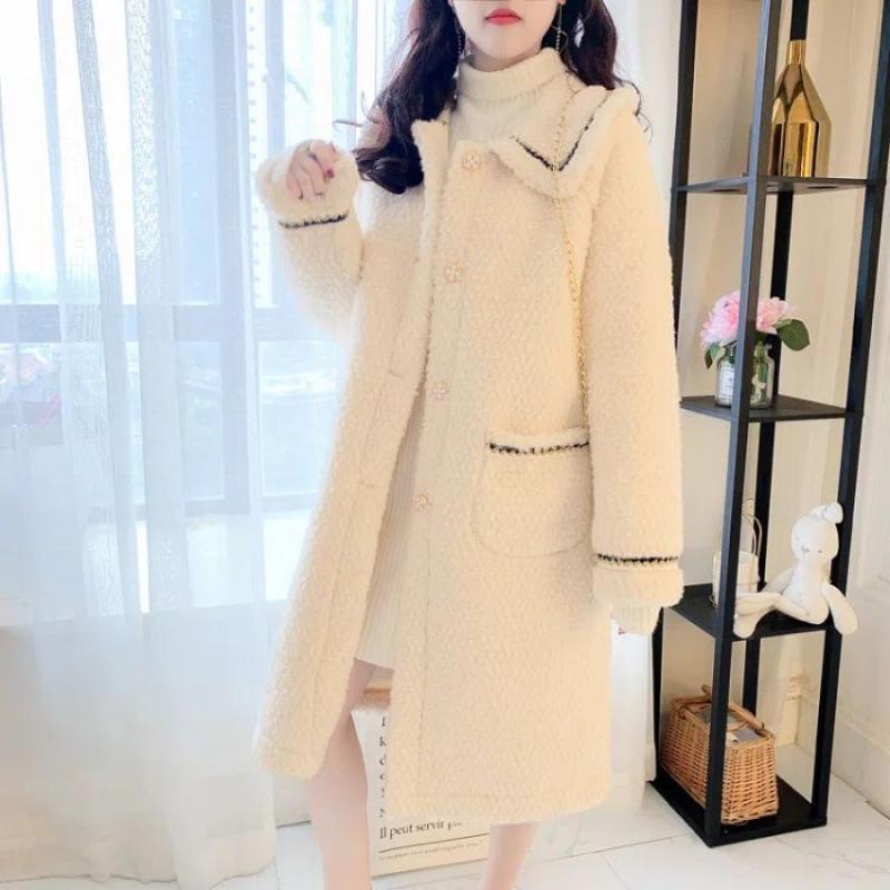 

2025 Korean Style Mid-Length Lambswool Coat for Women - Trendy, Thick, and Versatile for Autumn/Winter Medium абрикосовий