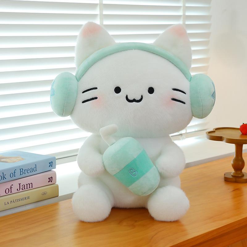 New Cute Headphones Cat Plush Toy Doll Sitting Style Kitten Couple Gift for Girlfriend