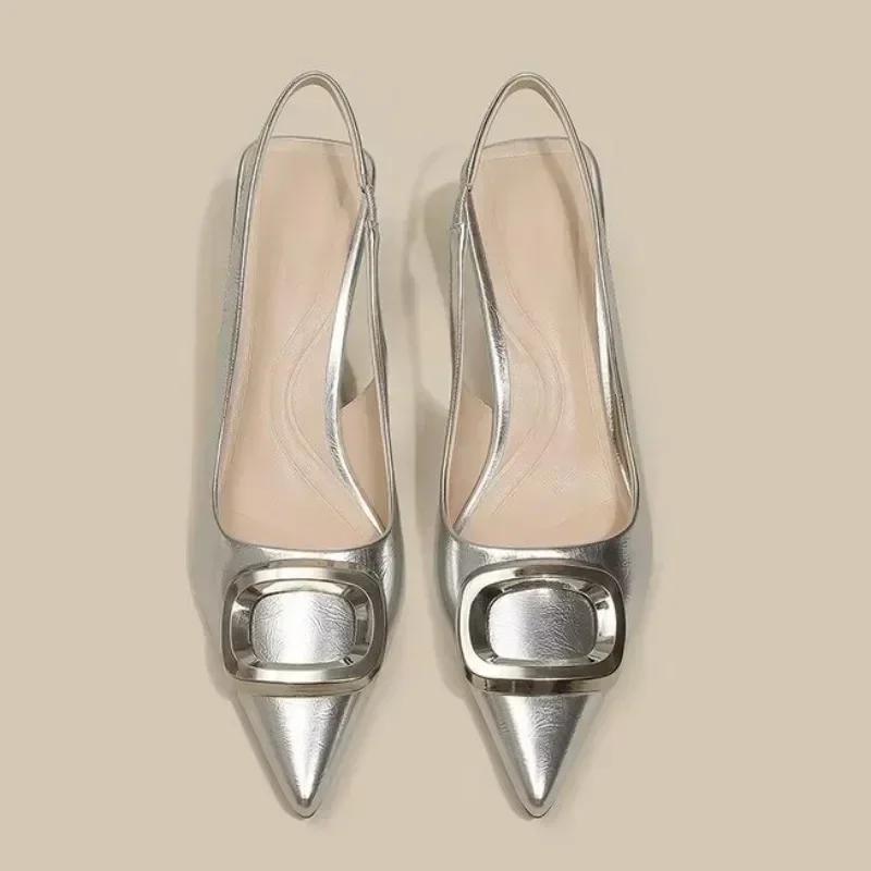 Shoes for Women 2024 Slingbacks Women's High Heels Fashion Dress Pumps Women Metal Decoration Pointed Toe Thin Heel Shoes Female