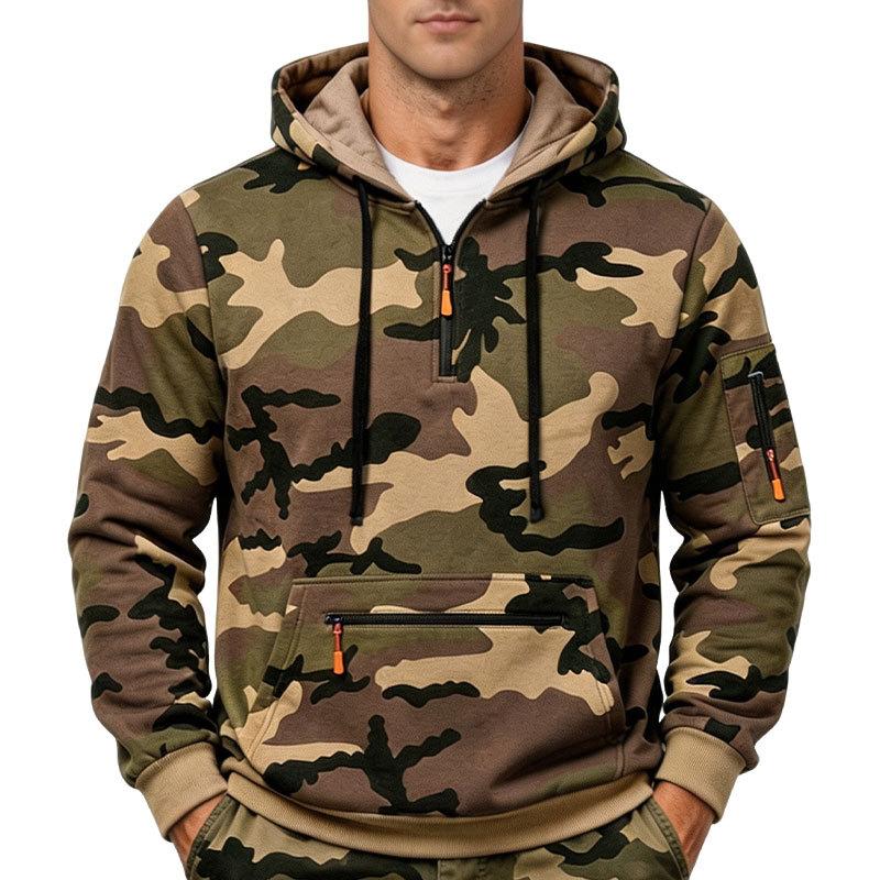 Men S Camouflage Half Zip Drawstring Hooded Sweatshirt Loose Casual Pullover