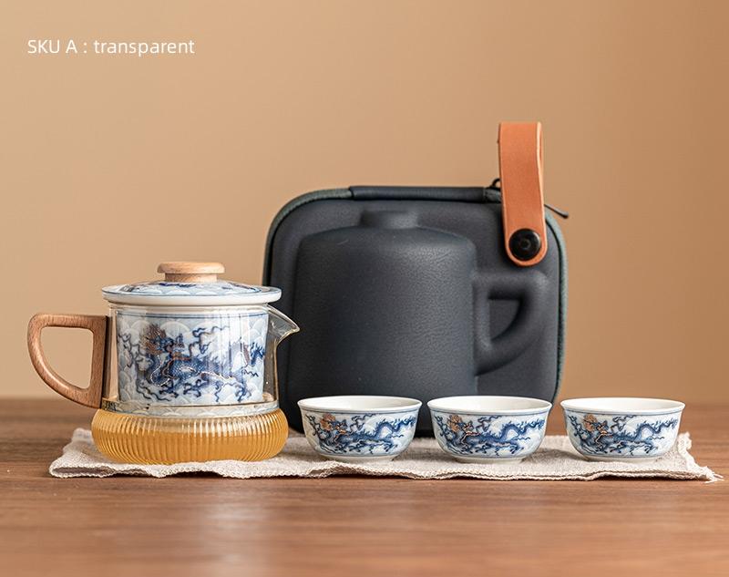 

Metal Inlay Blue and White Dragon Travel Tea Kit Portable Teapot Teacup Set Ceramic Kit Kung Fu Teaware Outdoor Camping Bag
