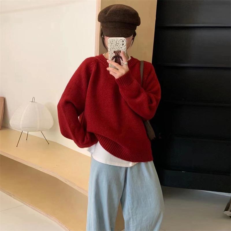 Thick Round Neck Pullover Sweater Women's Autumn and Winter New Loose Soft Waxy Candy-colored Knitted Top Outer Wear