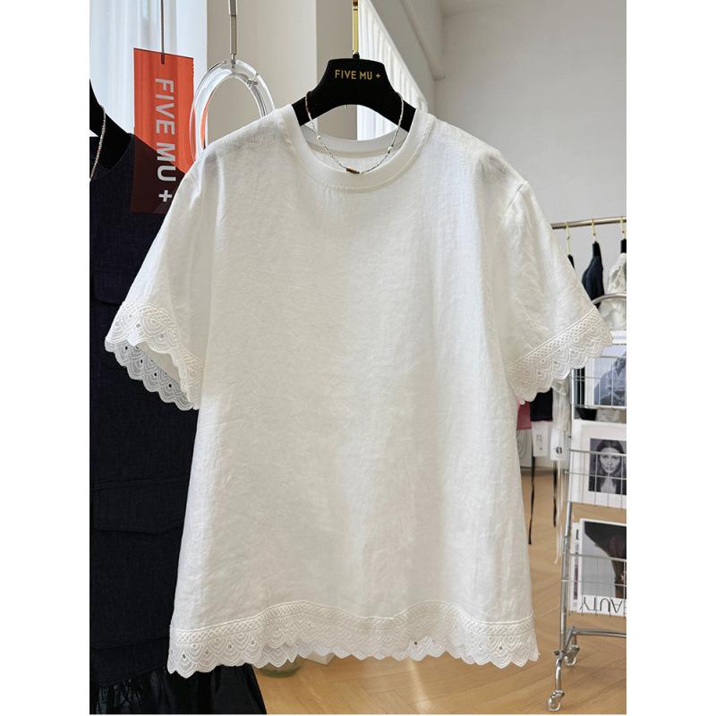 Women Summer Solid Lace Trim Loose Short Sleeve Casual T Shirt Top M