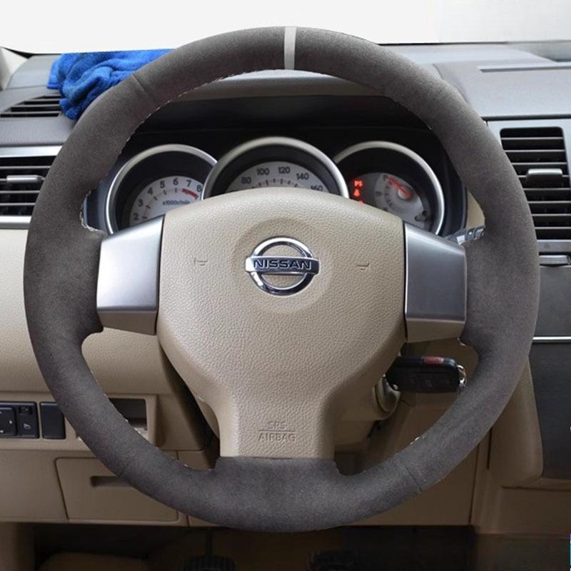 

Для Nissan Tiida Versa Note Livina Sylphy Ручная прошивка Нескользящая Белая строчка и белая метка Замша Чехол на руль автомобиля suede