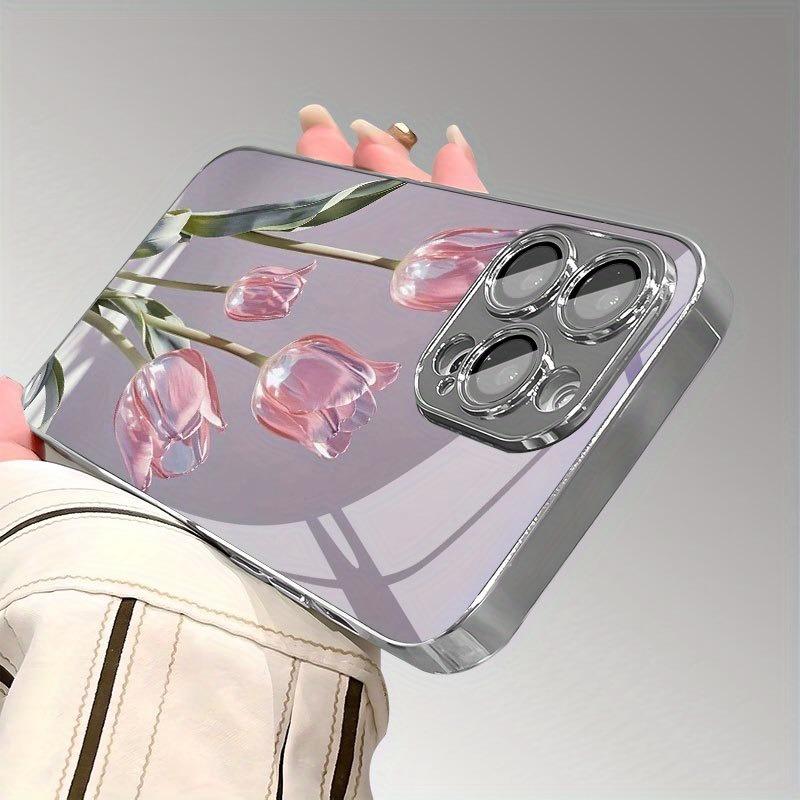 Pink Glass Tulip Pattern Tempered Glass Electroplated Silver Phone Case For Samsung Galaxy S25 S24 S23 Ultra Plus FE Cover