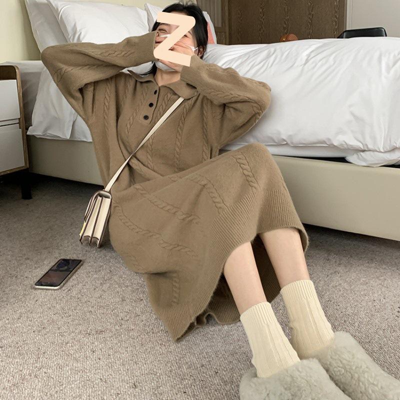 Women's Lapper Sweater Dress Midi Loose Thickened Over-the-Knee Sweater Dress