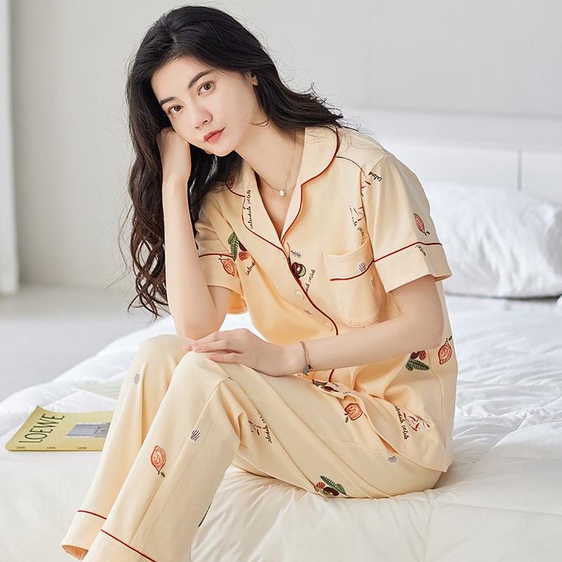 Factory Pajamas Women'S Japanese Simple Summer Short-Sleeved Trousers Loose Large-Size Cardigan Loungewear Two-Piece Set