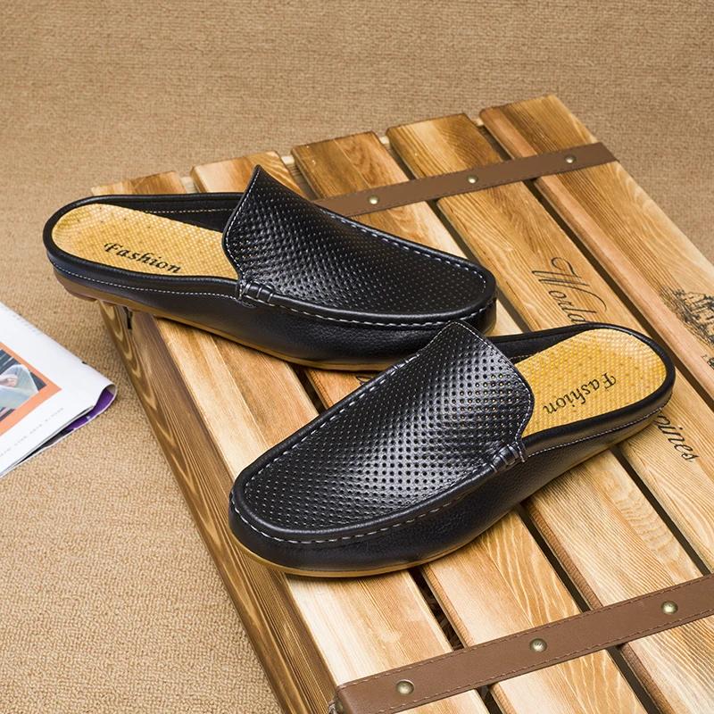 Fashion Brand Summer Half Men's Shoes Genuine Leather Breathable Loafers Slip On Casual Mulles Men Half Slippe Moccasins Plus Size 38-46