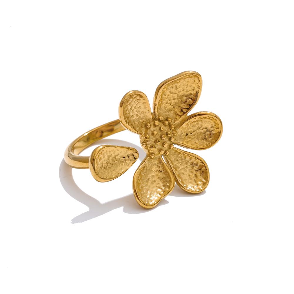 

Yhpup Adjustable Stainless Steel Flower Golden Cast Ring Tarnish Resistant Metal Fashion Daily Versatile Finger Jewelry New resizable