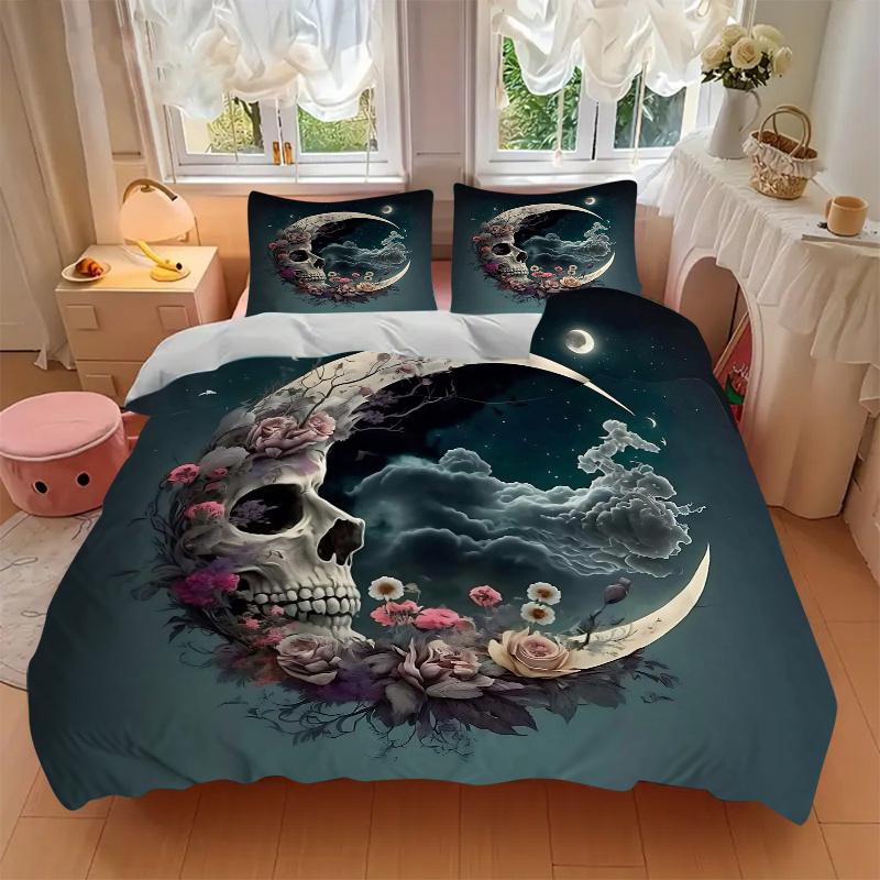 3pcs Moonlit Skull Quilt Set - Soft and Comfortable Bedroom, Guest Room and Dorm