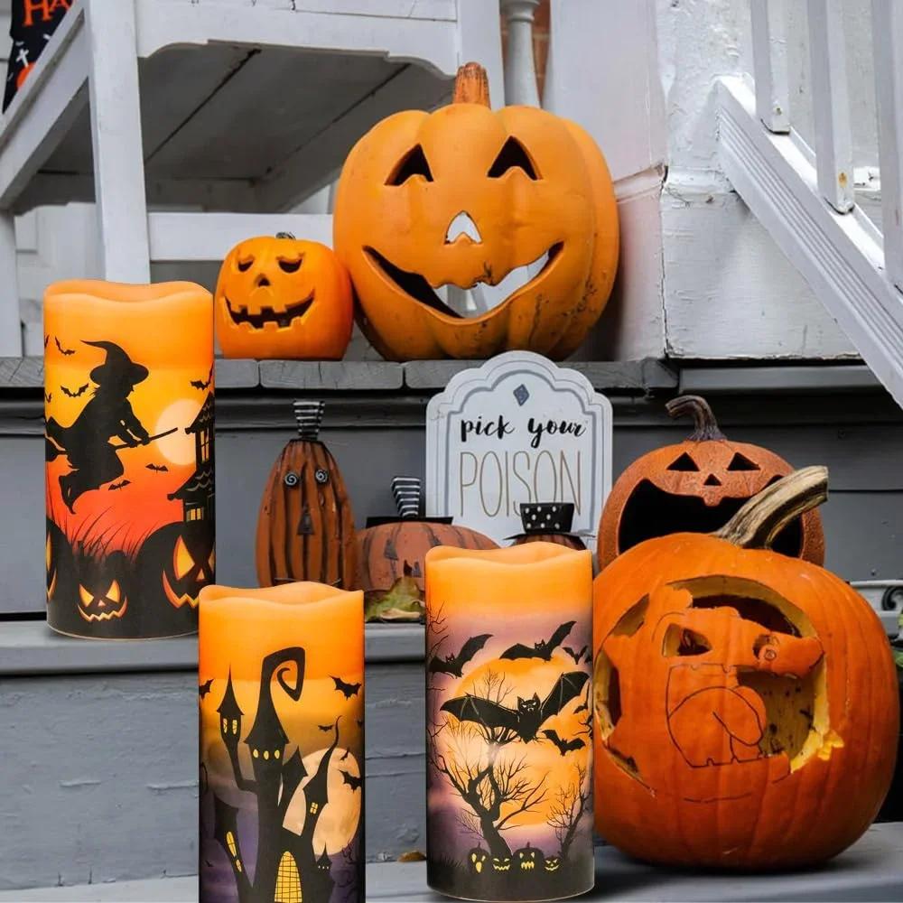 Flameless Flickering Candles Set of 3 Real Wax LED Pillar Candles Warm Light with Castle, Witch, Bats Decal Halloween Candles