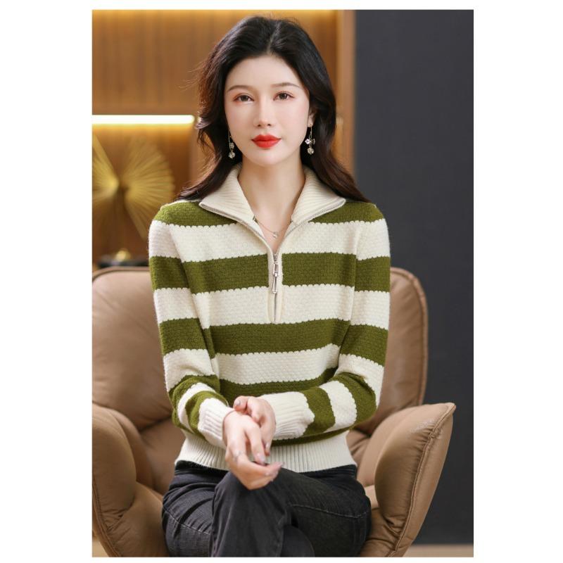 Women's Half-open Zipper-lapel Sweaters, Autumn-winter Striped Turtleneck Tops, Loose and Skinny Knits