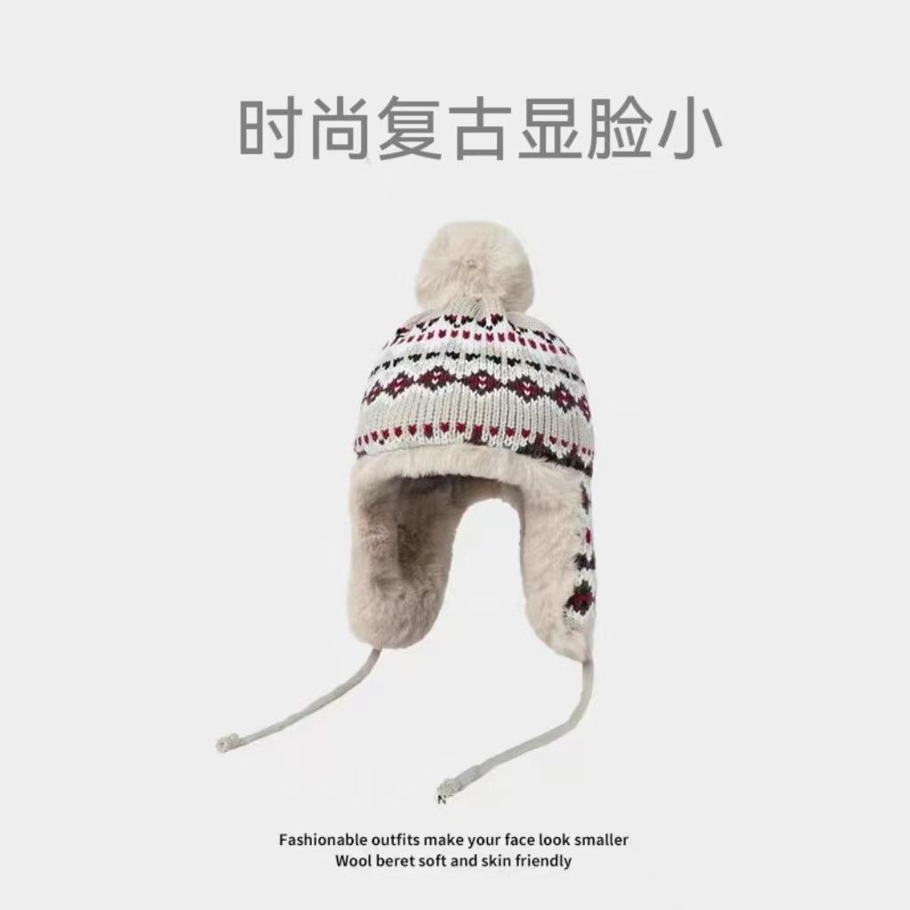 Vintage Fair Island Jacquard Ear Protector Wool Hat Women's Autumn and Winter Fleece Thickened Warm Three Hair Ball Knitted Hat Lei Feng