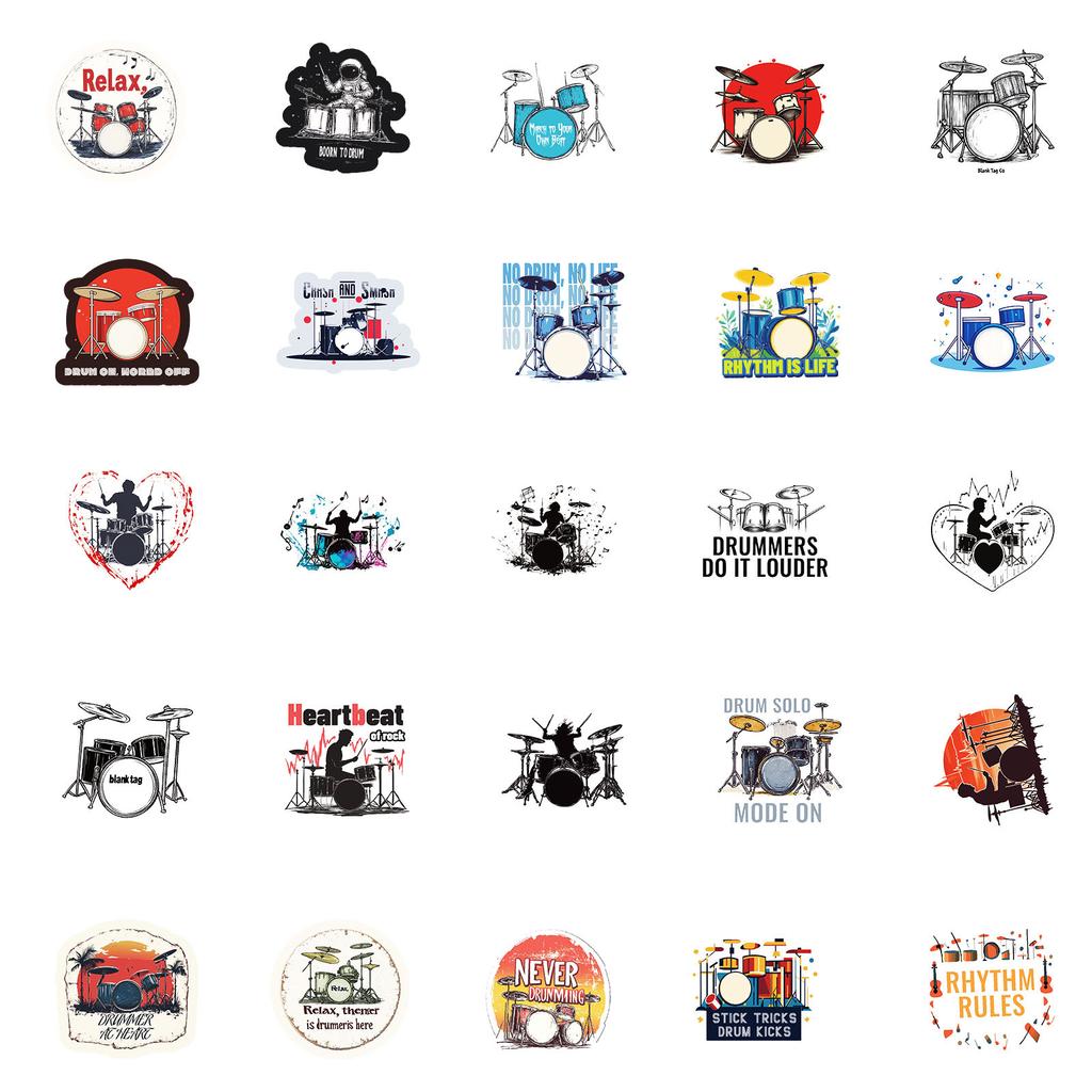 50PCS Drum Instrument Niche Graffiti Stickers, Waterproof Decoration for Phone Case/Water Cup/Journal