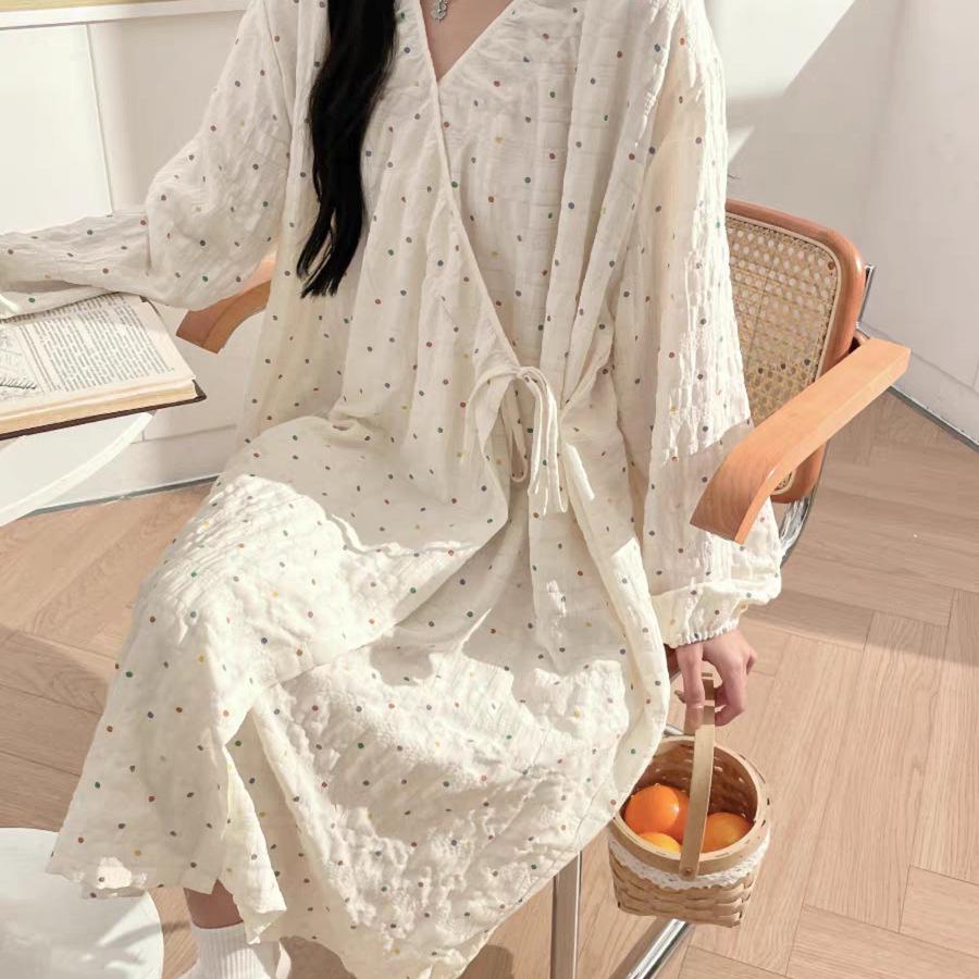 Polka Dot Maternity Kimono: Spring/Autumn Tie-Up Cotton Bathrobe & Nightgown