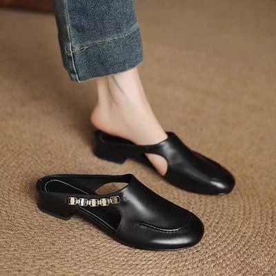 Baotou Half Slippers Women's Summer Fashion Outer Wear 2025 New Soft Leather Retro Versatile Casual Flat Muller Shoes Trend