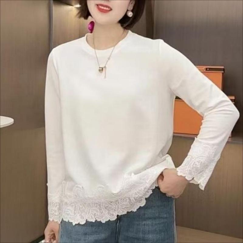 Women's Lace Patchwork Long Sleeve Round Neck Casual Top - Spring 2025 Collection