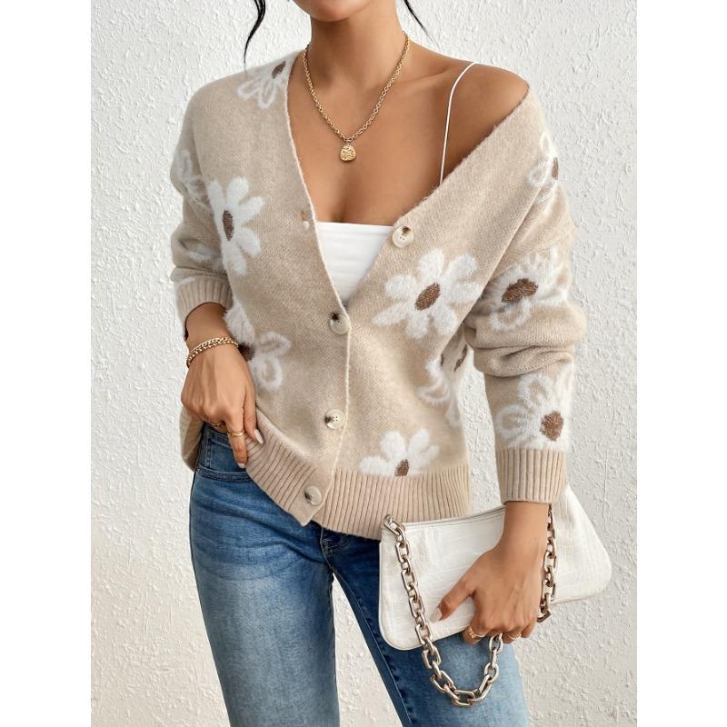 Women's Floral Print Knitted Cardigan Soft Fabric Short Sweater Coat Warm Comfortable Long Sleeved V-neck Loose Jacket Autumn