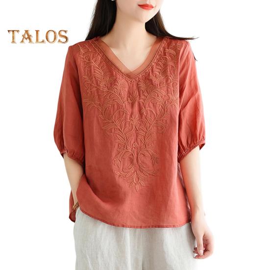Women Summer Tops V-neck Half Sleeve Embroidery Pattern Pullover Tops Solid Color Loose Fit Commuting Style Tops
