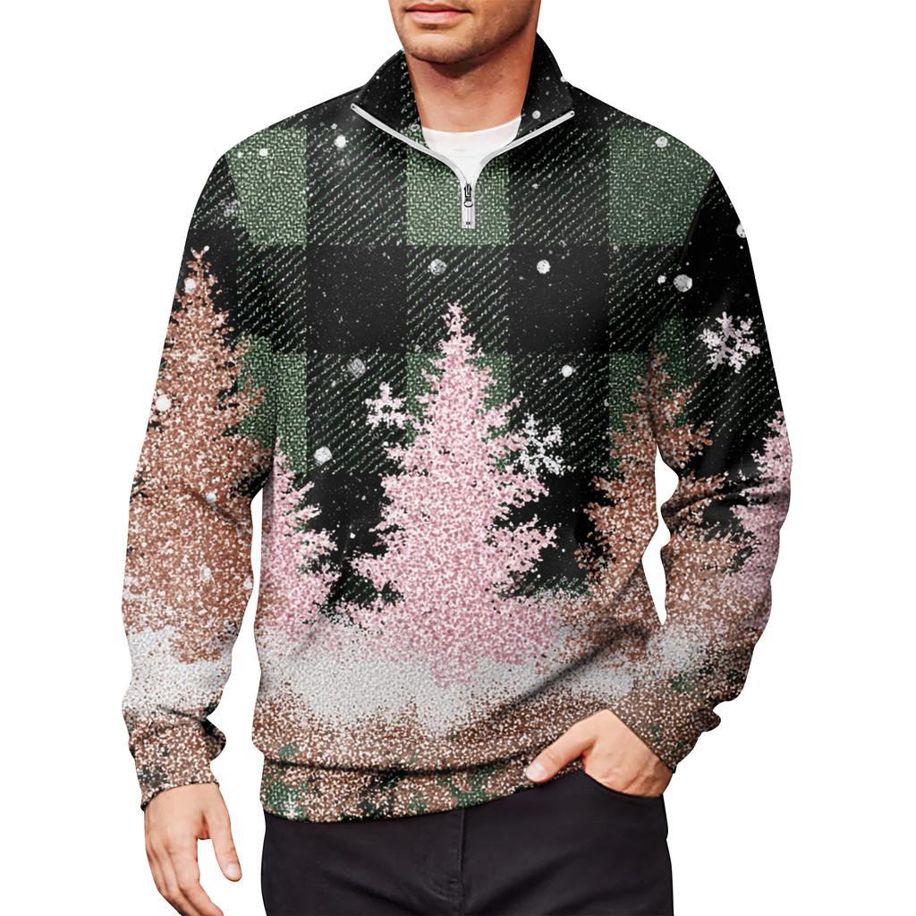 Men's Loose Casual 1/4 Zip Sweatshirt Fashion Printed Long Sleeve Top With Pockets